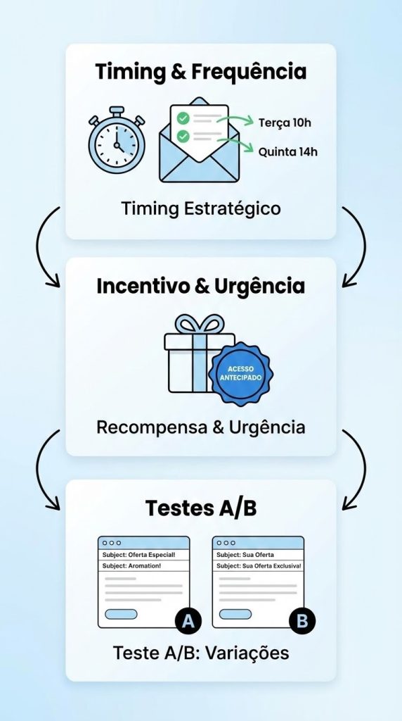 Infográfico vertical com três blocos: um relógio ao lado de uma caixa de e-mail aberta no momento certo, um ícone de presente representando incentivo para responder, e duas versões de e-mail A e B lado a lado simbolizando testes para otimizar respostas.