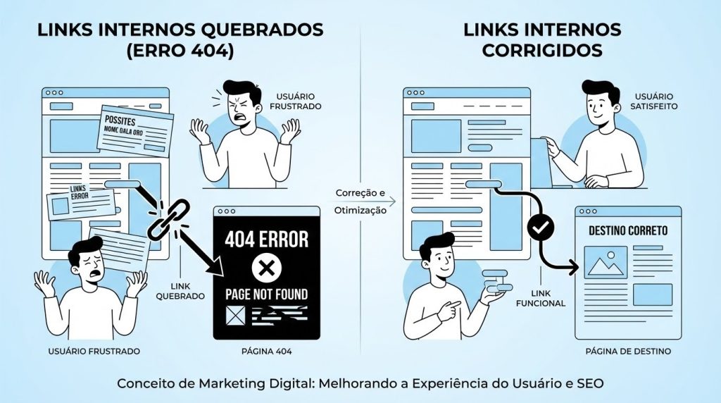 Ilustração em azul claro, preto e branco mostrando um site com links internos quebrados, exibindo uma tela de erro 404 e um usuário frustrado, com contraste entre site desorganizado e versão corrigida com navegação fluida.