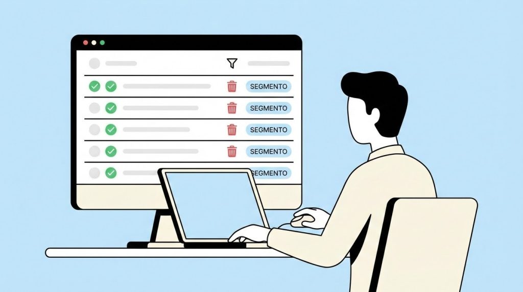 Ilustração minimalista mostrando uma base de e-mails sendo organizada e limpa, com ícones de contatos reais, filtros de segmentação e um envelope central representando uma lista saudável e pronta para gerar dados confiáveis.