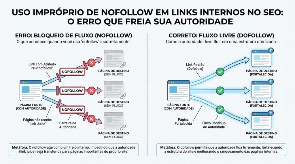 Ilustração educativa em azul, preto e branco mostrando páginas de um site ligadas por setas bloqueadas com placas “nofollow”, impedindo o fluxo de autoridade, ao lado de um caminho correto com links livres (dofollow) onde a autoridade circula entre páginas importantes.