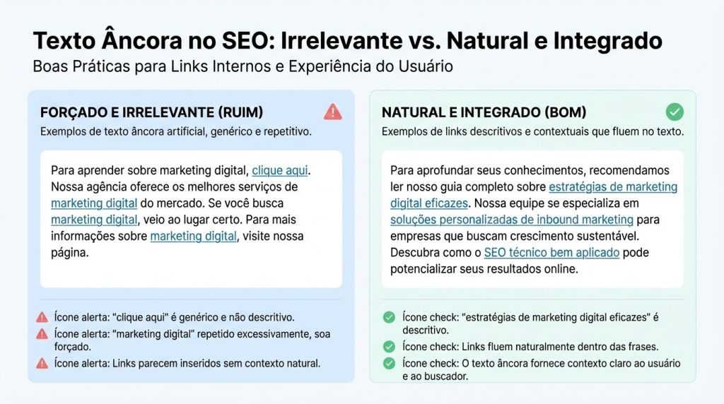 Ilustração em azul claro, preto e branco mostrando um parágrafo com links internos forçados como “clique aqui” e palavras-chave repetidas, ao lado de uma versão corrigida com texto âncora natural e bem integrado ao conteúdo.