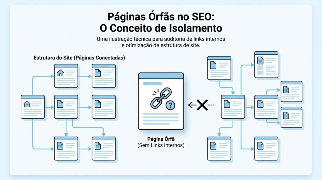 Ilustração em azul claro, preto e branco de uma página de site isolada, sem links internos conectando-a ao restante da estrutura, enquanto outras páginas aparecem interligadas em uma rede organizada.