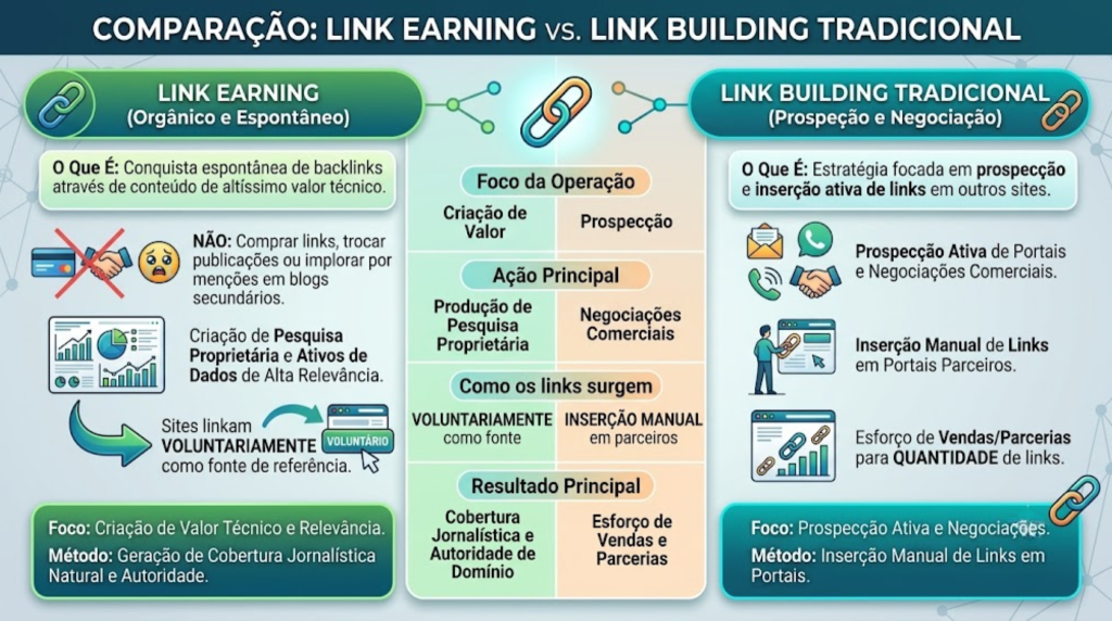 Este infográfico compara duas abordagens diferentes para a obtenção de backlinks (links de outros sites que apontam para o seu). A estrutura é dividida em duas colunas principais nas laterais e uma coluna central comparativa.